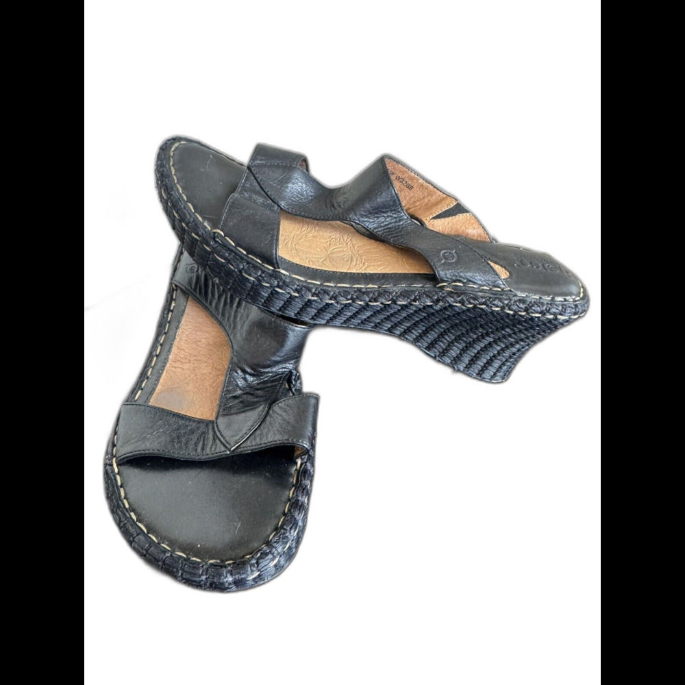 Born Black Leather Strappy Wedge Sandals Sz 9/40.5 Cushioned Comfort